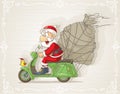 Santa Claus on a Scooter with Gift Bag Vector Cartoon Royalty Free Stock Photo