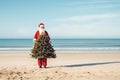 Santa Claus at sea beach with decorated christmas tree - happy new year concept Royalty Free Stock Photo