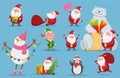 Santa Claus set. Christmas characters. Cute Santa, polar bear, penguin vector illustration Royalty Free Stock Photo