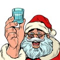 Santa Claus And A Shot Of Vodka. Holiday Party Christmas And New Year, Winter Seasonal Holiday In December
