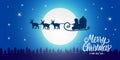 Santa Claus silhouette seen in the moonlight on flying sleigh with deers. Night northern winter forest. Santa delivers