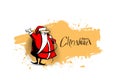 Santa Claus is singing Christmas songs against orange background