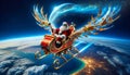 Santa in ornate sleigh flies over Earth with shimmering reindeer, moon backdrop.Generative AI