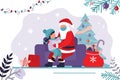 Santa claus sitting in chair with little cute girl. Santa Claus in protective mask gives presents to child. Winter holidays,