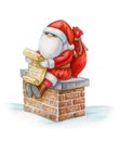 Santa  Claus sitting on chimney and reading letter, isolated on white. Watercolor illustration Royalty Free Stock Photo