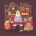 Santa Claus sitting at the desk in his office with parcels