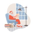 Santa Claus sitting and reading newspaper vector flat illustration. Santa Claus taking rest before Christmas Eve. Royalty Free Stock Photo