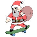 santa claus is skateboarding bringing lots of gifts