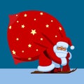 Santa Claus by ski carrying a big red sack on the blue background in flat style Royalty Free Stock Photo