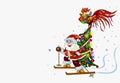 Santa Claus skiing with Christmas tree and a rooster