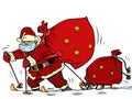 Santa Claus is skiing in the snow with a sled and gifts. Christmas and New Year. Winter seasonal holiday Royalty Free Stock Photo