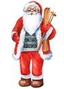 Santa Claus with skis, Christmas watercolor illustration Royalty Free Stock Photo