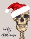 Santa claus skull. Cartoon hand drawn illustration.