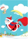 Santa Claus skydiving with his deer and gift deliv