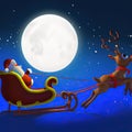 Santa claus sled with rudolph red nose reindeer flying on the moon background, 3d cartoon generative AI