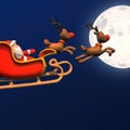 Santa claus sled with rudolph red nose reindeer flying on the moon background, 3d cartoon generative AI