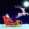 Santa claus sled with rudolph red nose reindeer flying on the moon background, 3d cartoon generative AI