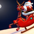 Santa claus sled with rudolph red nose reindeer flying on the moon background, 3d cartoon generative AI