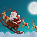 Santa claus sled with rudolph red nose reindeer flying on the moon background, 3d cartoon generative AI