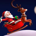 Santa claus sled with rudolph red nose reindeer flying on the moon background, 3d cartoon generative AI