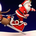 Santa claus sled with rudolph red nose reindeer flying on the moon background, 3d cartoon generative AI