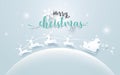 Santa Claus in a Sledge and Reindeer on moon with Merry Christmas text on soft blue background. Paper art Style Royalty Free Stock Photo