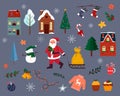 Santa Claus with a sleigh and a bag of gifts. Set of elements for Christmas and New Year. Royalty Free Stock Photo