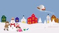 Santa Claus, sleigh fly over the forest, house, snowman. Christmas card, invitation, background, design template. illustration Royalty Free Stock Photo