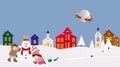 Santa Claus, sleigh fly over the forest, house, snowman. Christmas card, invitation, background, design template Royalty Free Stock Photo