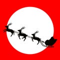 Santa Claus on a sleigh is flying. red background white moon. Royalty Free Stock Photo