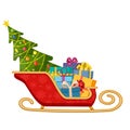 Santa claus sleigh with gifts and christmas tree Royalty Free Stock Photo