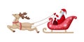 Santa Claus on a sleigh pulled by a deer. Sleigh with Santa Claus and a deer. Cute Christmas illustration in cartoon Royalty Free Stock Photo