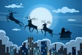 Santa Claus Sleigh Reindeer Fly Sky Over City
