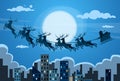 Santa Claus Sleigh Reindeer Fly Sky Over City
