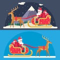 Santa Claus Sleigh Reindeer Gifts Winter Snow Landscape New Year Christmas Night Background Flat Design Icon Template