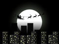 Santa Claus in a sleigh in a reindeer sleigh flying over the city. Santa Claus in a sleigh on a background of the moon. Vector Royalty Free Stock Photo