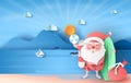 Santa Claus smile wearing beach suit on sea view sunlight blue sky.Summer Christmas time season concept.Travel Boat floating in