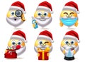 Santa claus smileys christmas characters vector set. Christmas santa characters smiley in facemask, sanitizer, magnifying glass.