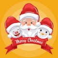 Santa claus with smiling penguin and snowman with phrase merry christmas