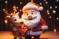 Santa claus smiling with reindeer holding giftboxes, 3d render, generative AI