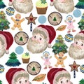 Santa Claus with snow and Blooming blossom garland watercolor vintage style pattern. Cute seamless