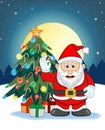 Santa Claus, Snow, Christmas Tree and Full Moon At Night For Your Design Vector Illustration Royalty Free Stock Photo