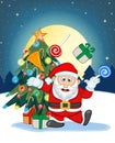 Santa Claus, Snow, Christmas Tree and Full Moon At Night For Your Design Vector Illustration Royalty Free Stock Photo