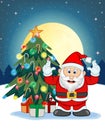 Santa Claus, Snow, Christmas Tree and Full Moon At Night For Your Design Vector Illustration Royalty Free Stock Photo