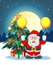 Santa Claus, Snow, Christmas Tree and Full Moon At Night For Your Design Vector Illustration Royalty Free Stock Photo