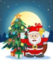 Santa Claus, Snow, Christmas Tree and Full Moon At Night For Your Design Vector Illustration Royalty Free Stock Photo