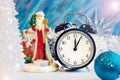 Santa Claus, Snow girl and alarm clock. Royalty Free Stock Photo