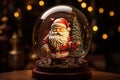 Santa Claus in a snow globe with a Christmas tree and lights. Generative AI Royalty Free Stock Photo