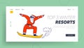 Santa Claus on Snowboard Landing Page Template. Senior Man in Xmas Costume Perform Stunt. Holidays Activity, Spare Time