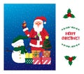 Santa Claus, snowman and boxes with gifts. Holiday card template. Christmas winter story. Royalty Free Stock Photo